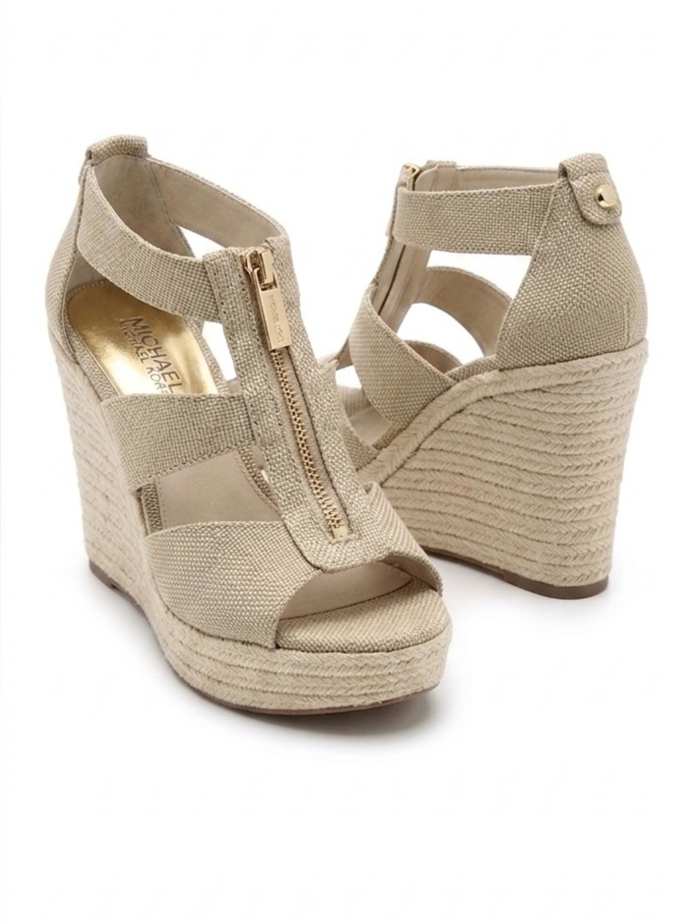 MICHAEL Michael Kors Damita Beige Canvas Zip Front Espadrille Wedge Sandals 7.5